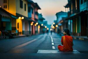 une Jeune moine est assis sur le rue à crépuscule. généré par ai photo