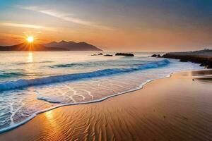 le Soleil ensembles plus de le océan et vagues sur une plage. généré par ai photo