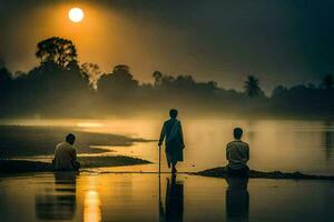 Trois Hommes supporter sur le rive de une rivière à le coucher du soleil. généré par ai photo