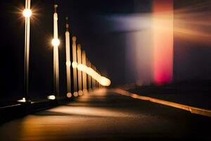 une longue ligne de lumières sur une pont à nuit. généré par ai photo