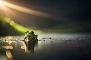 une grenouille séance sur le sol dans le Soleil. généré par ai photo