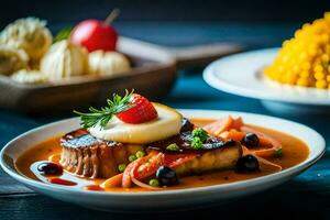 une assiette de nourriture avec Viande et des légumes. généré par ai photo