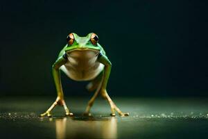 une grenouille est permanent sur ses de derrière jambes. généré par ai photo