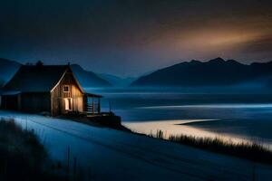 une cabine dans le neige à nuit. généré par ai photo