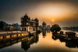 le Soleil monte plus de une rivière dans Inde. généré par ai photo