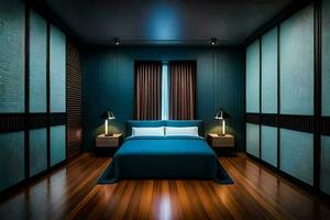 une chambre avec foncé bleu des murs et bois étages. généré par ai photo