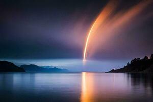 une fusée est vu dans le ciel comme il stries à travers le l'eau. généré par ai photo