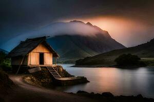 le cabane par le lac. généré par ai photo