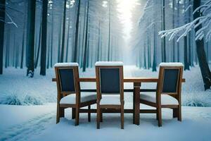 une table et chaises dans le neige. généré par ai photo