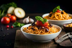 spaghetti avec tomate sauce et basilic feuilles dans une blanc bol. généré par ai photo
