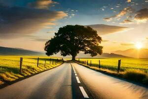 une longue route avec une arbre dans le milieu de le route. généré par ai photo