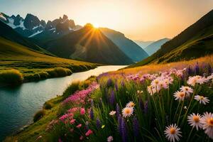 le Soleil monte plus de le montagnes et fleurs dans le premier plan. généré par ai photo