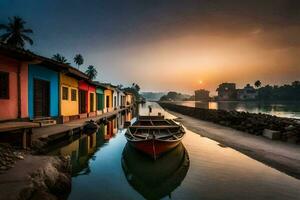 une bateau est assis sur le l'eau dans de face de coloré Maisons. généré par ai photo