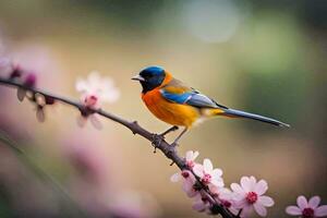 une coloré oiseau est assis sur une branche avec rose fleurs. généré par ai photo