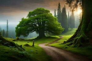 une saleté route pistes à une arbre dans le milieu de une vert forêt. généré par ai photo