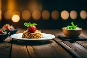 une assiette de spaghetti avec des fraises et une bol de salade sur une en bois tableau. généré par ai photo
