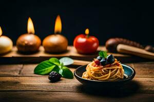 spaghetti avec tomates et basilic sur une en bois tableau. généré par ai photo