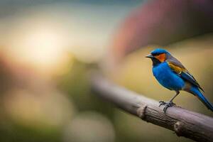 une bleu et Orange oiseau est assis sur une branche. généré par ai photo