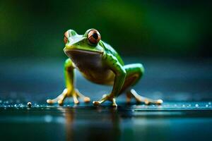 une grenouille est permanent sur une humide surface. généré par ai photo