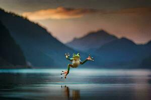 une grenouille sauter dans le l'eau avec montagnes dans le Contexte. généré par ai photo