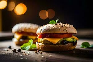 deux hamburgers avec fromage et tomates sur une en bois tableau. généré par ai photo