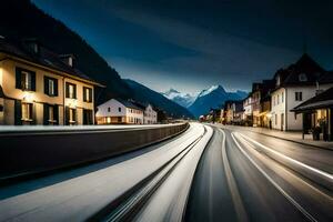 une train est en voyageant vers le bas une rue à nuit. généré par ai photo