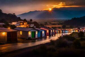 le Soleil ensembles plus de une rangée de coloré Maisons. généré par ai photo