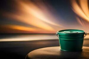 une vert seau séance sur une table dans de face de le océan. généré par ai photo