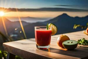 une verre de jus avec pommes et une Montagne dans le Contexte. généré par ai photo