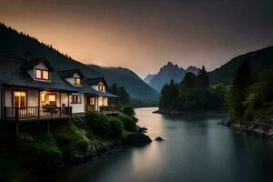 une maison est assis sur le bord de une rivière à le coucher du soleil. généré par ai photo