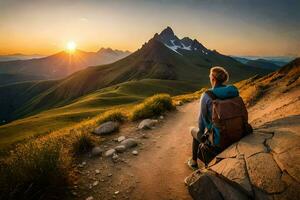 une homme avec une sac à dos est assis sur une Roche surplombant le montagnes. généré par ai photo