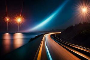 une longue exposition photo de une Autoroute à nuit. généré par ai