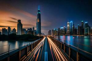 le ville horizon à nuit avec lumières sur le pont. généré par ai photo