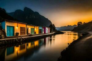 coloré Maisons le long de le rivière à le coucher du soleil. généré par ai photo