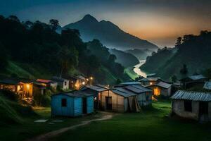 une petit village dans le montagnes à crépuscule. généré par ai photo