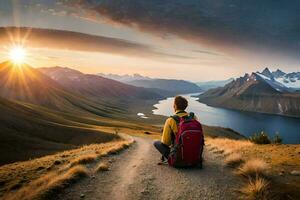 une homme séance sur une Montagne Piste avec une sac à dos et une vue de une Lac et montagnes. généré par ai photo