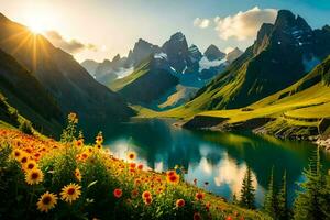 le Soleil brille sur le montagnes et fleurs dans le premier plan. généré par ai photo