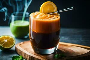 une verre de Orange jus avec une tranche de citron. généré par ai photo