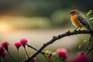 une oiseau est assis sur une branche avec rose fleurs. généré par ai photo