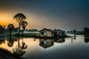 une maison sur le l'eau à lever du soleil. généré par ai photo