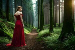 une femme dans une rouge robe permanent dans le milieu de une forêt. généré par ai photo