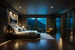 une chambre avec une vue de le montagnes à nuit. généré par ai photo