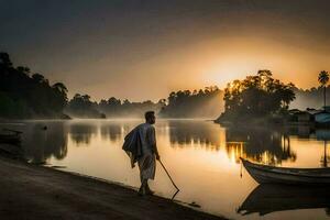 une homme en marchant le long de le rive de une rivière à lever du soleil. généré par ai photo