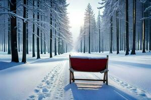 une rouge chaise est assis dans le milieu de une neigeux forêt. généré par ai photo