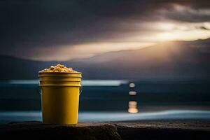 une seau de pop corn séance sur une Roche par le l'eau. généré par ai photo