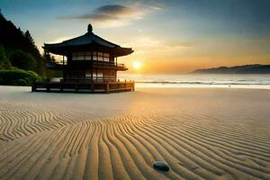 une pagode est assis sur le le sable à le coucher du soleil. généré par ai photo