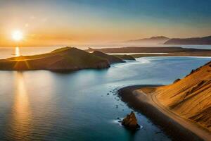 le Soleil monte plus de le océan et montagnes dans Islande. généré par ai photo