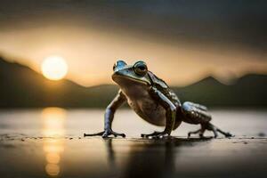 une grenouille est permanent sur le sol à le coucher du soleil. généré par ai photo