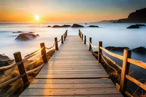 une en bois promenade pistes à le océan à le coucher du soleil. généré par ai photo