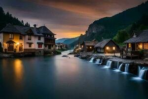 photo fond d'écran le ciel, eau, montagnes, Maisons, rivière, coucher de soleil, cascades, le. généré par ai